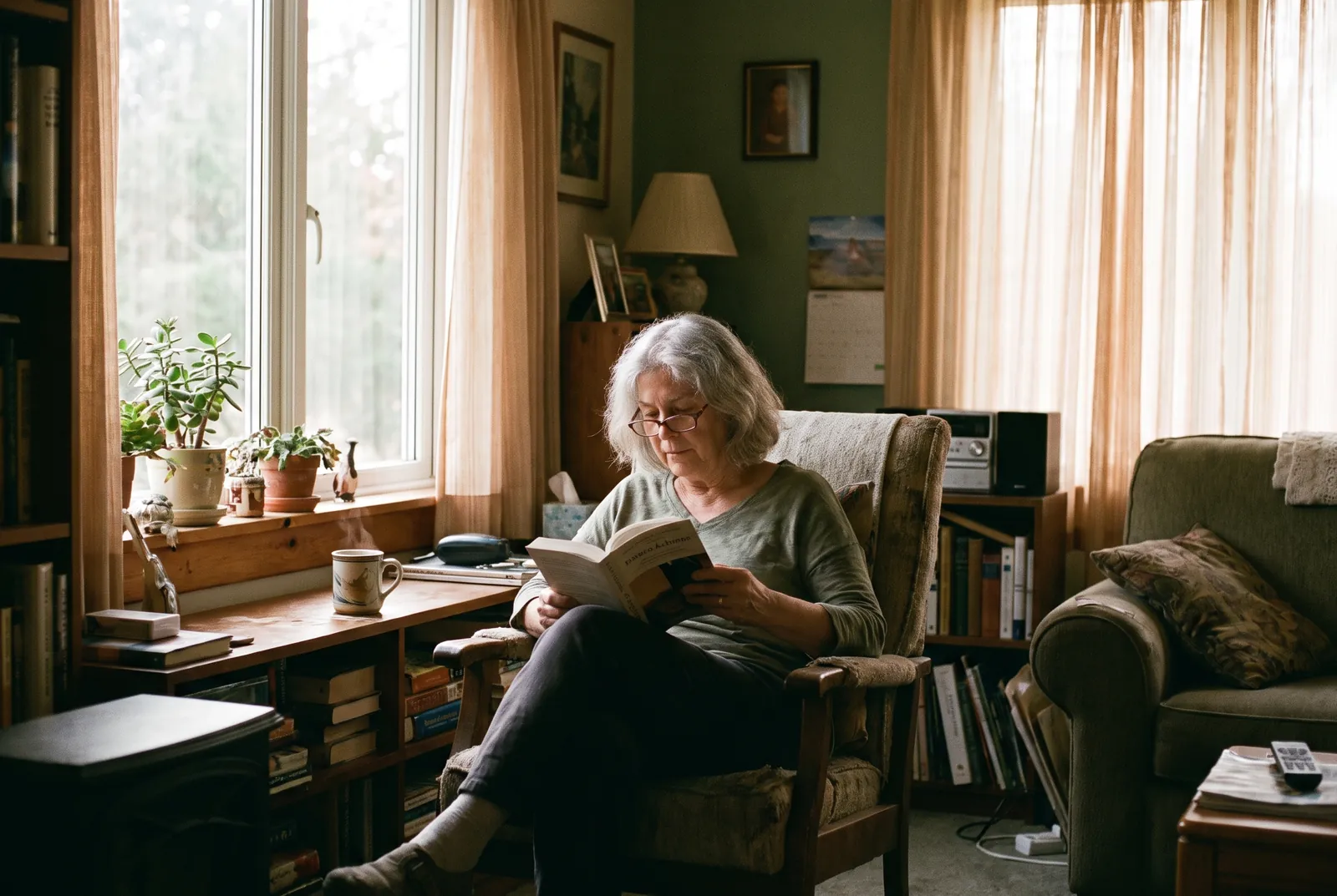 An older adult reads at a sunny window with a cup of tea, glasses on, fully absorbed in a book.