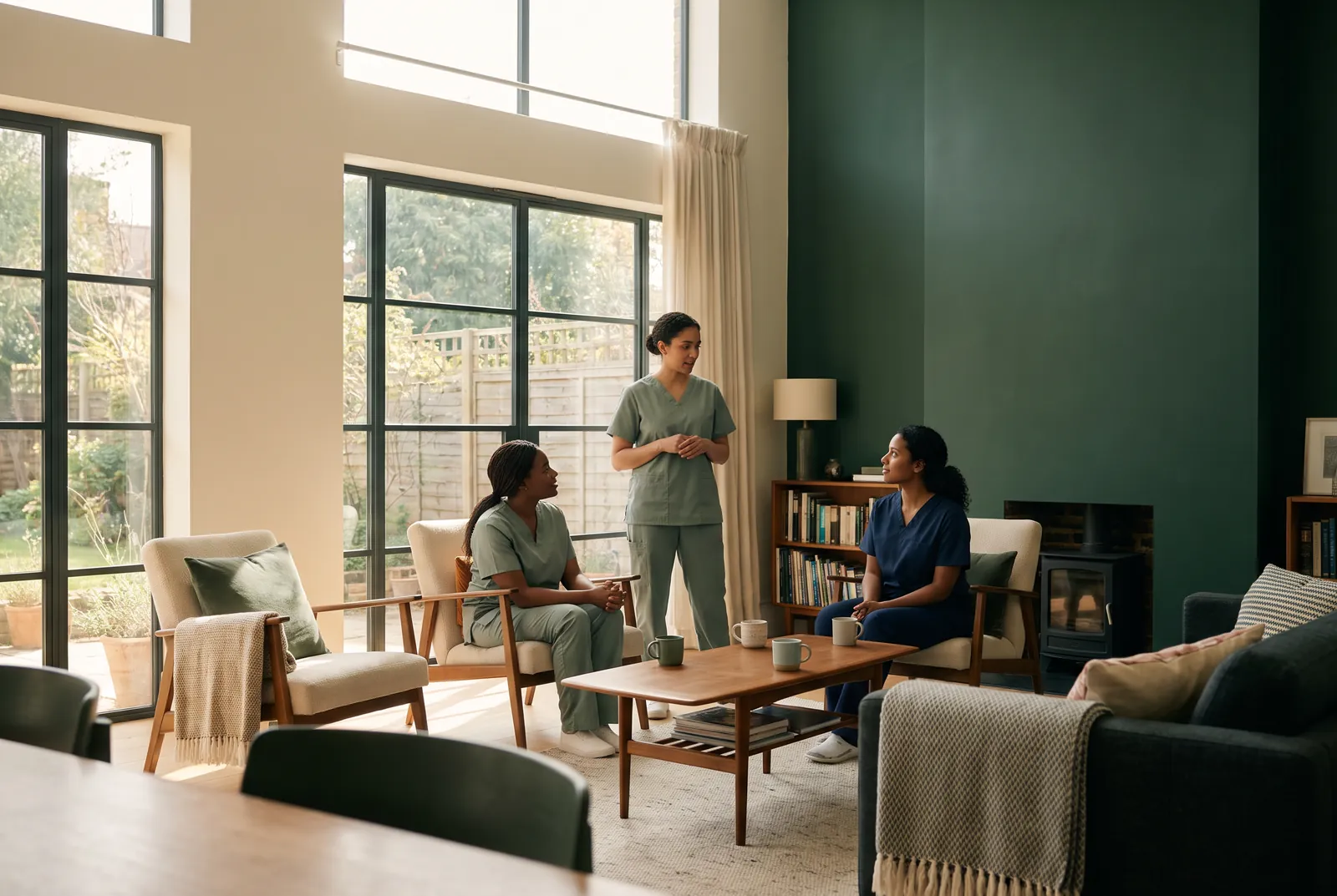 Three members of a home-care team — two caregivers and a nurse — in relaxed conversation with coffee in a calm, light-filled living room.