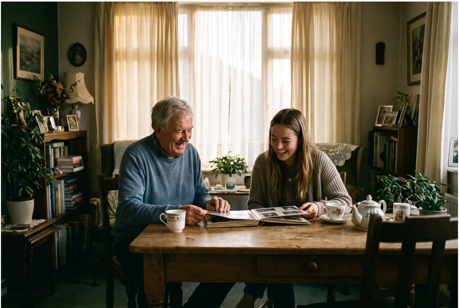 Two people talking over coffee at a kitchen table