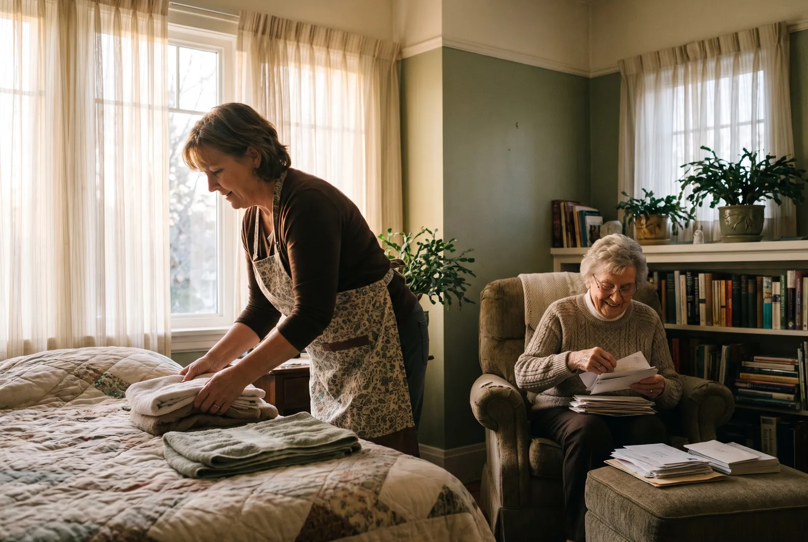 An aide preparing a meal in a home kitchen with an older adult nearby