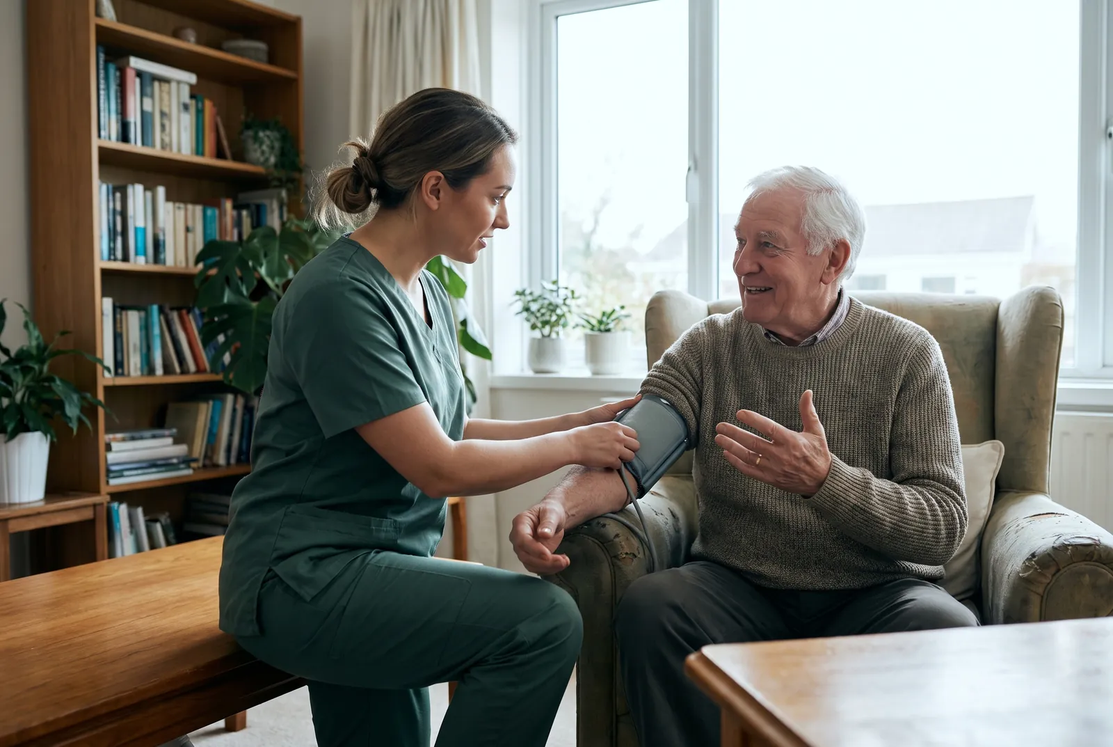 A nurse reviewing notes with an older adult in a home living room