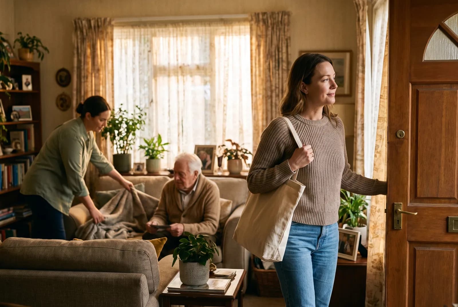 A family caregiver resting outdoors while a professional caregiver assists indoors