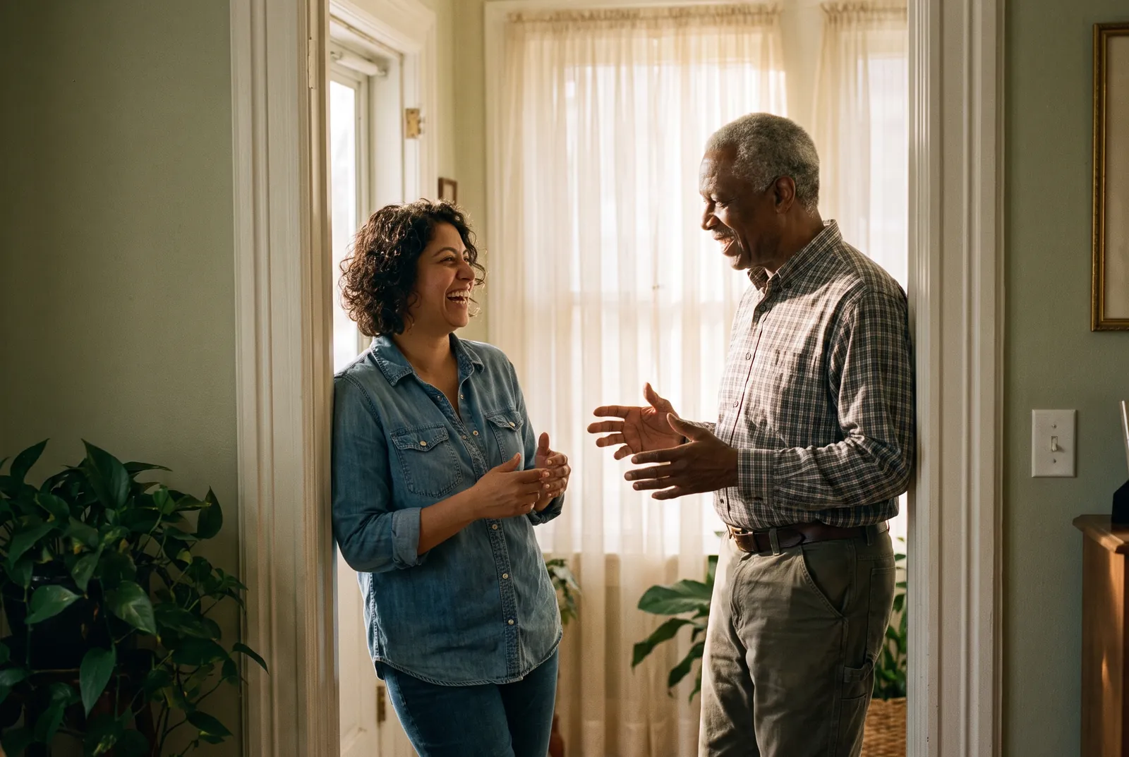 A caregiver shares an easy laugh with an older client in a sunlit doorway during a shift.