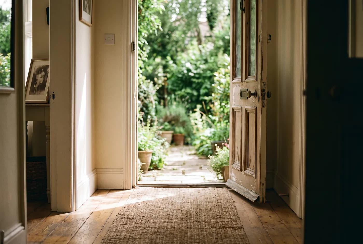A front door open onto a bright garden, seen from inside a warm hallway