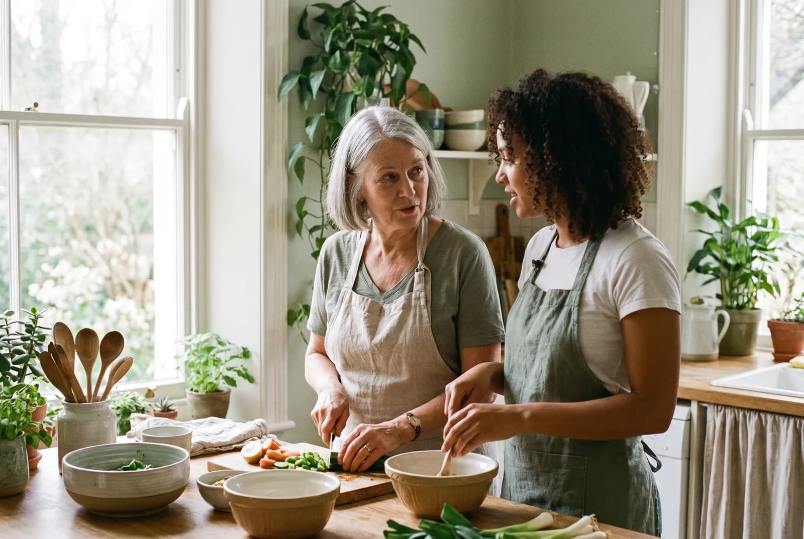 A caregiver and an older adult preparing a meal together in a sunlit kitchen