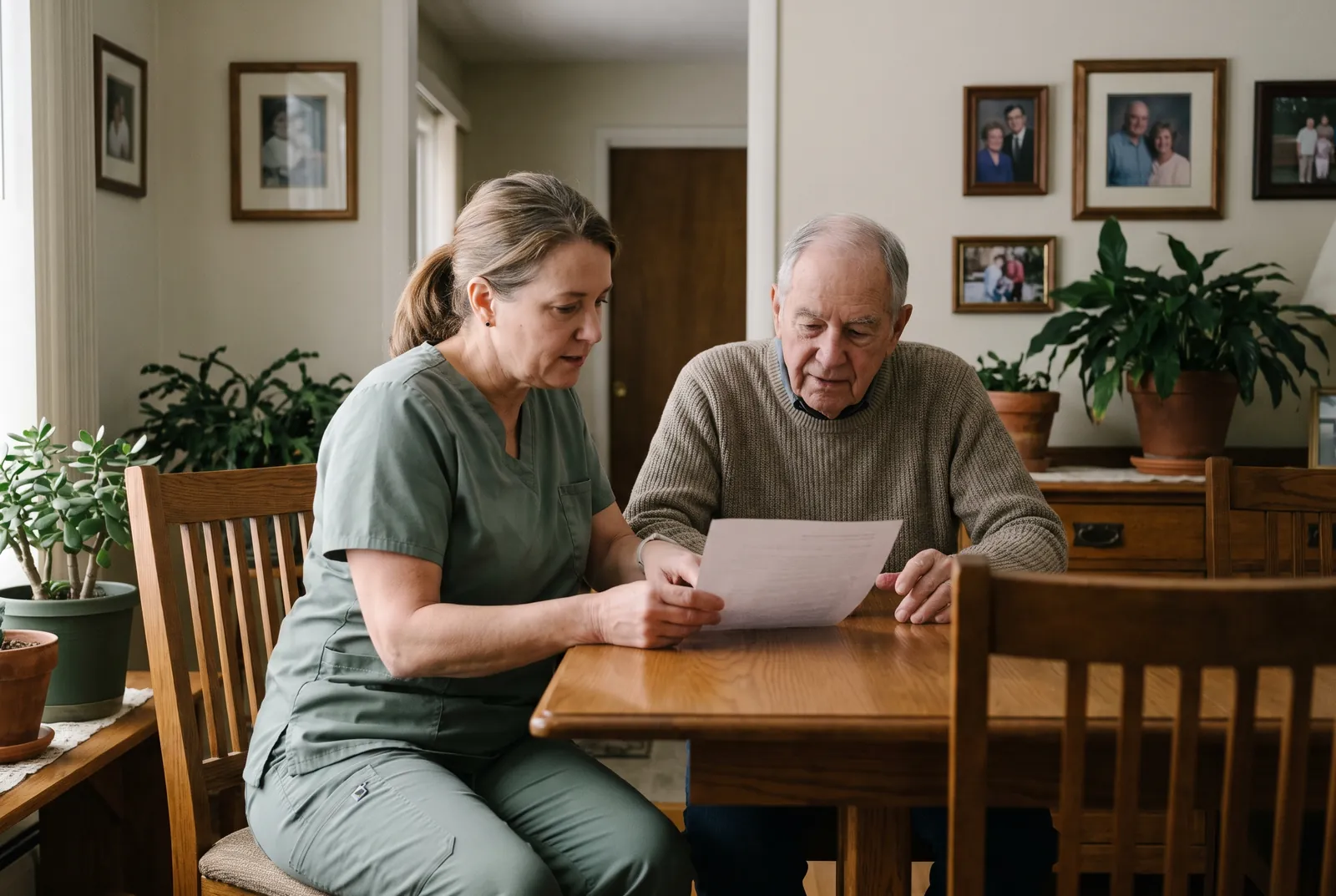 A nurse talking with an older adult and a family member in a home living room