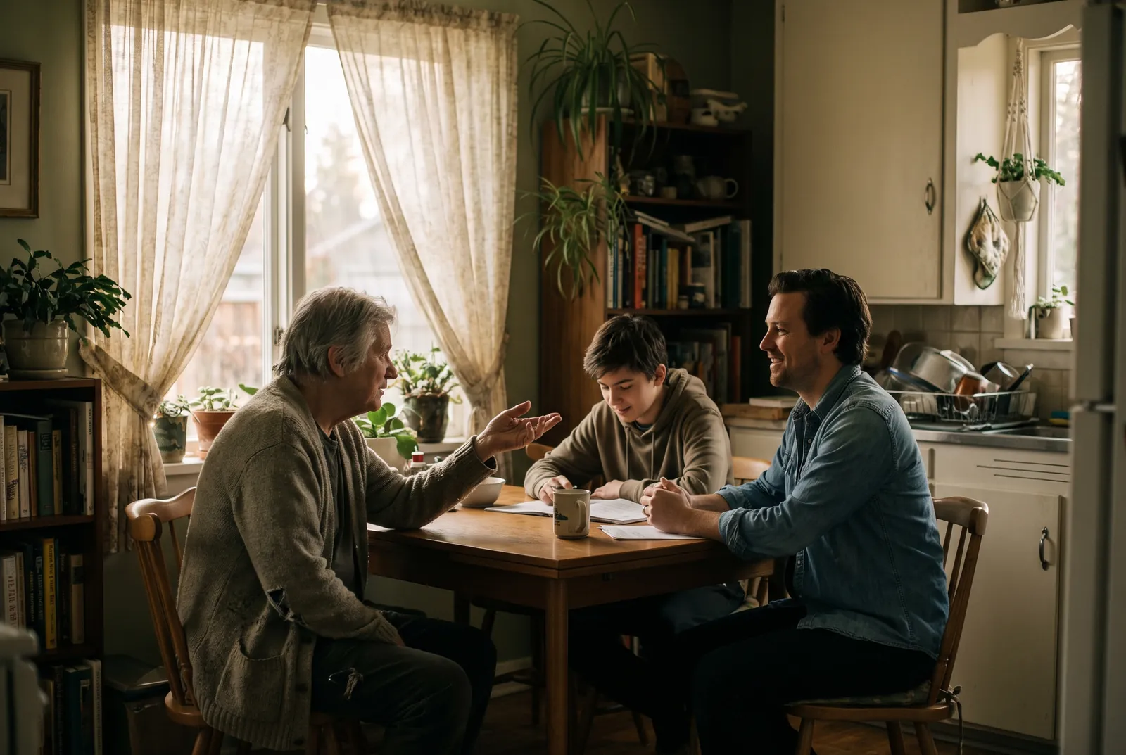 Three generations at a kitchen table — a grandparent, an adult child and a teenager — in ordinary conversation over coffee.