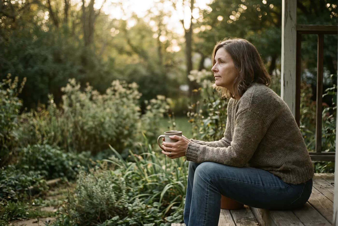 A family caregiver sits alone on her back porch step at golden hour, holding a mug, looking out at the garden.