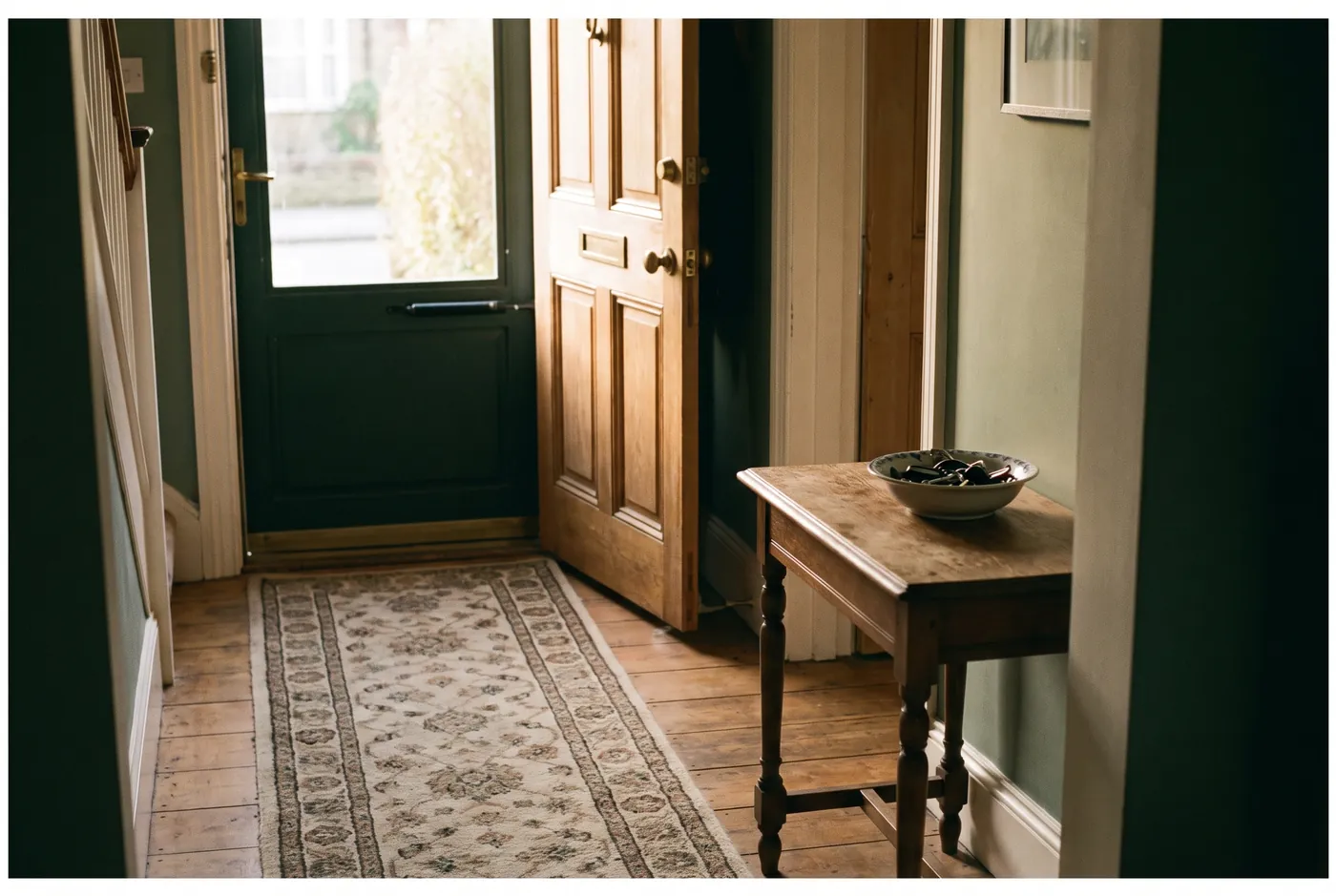 A front door open from the inside onto a warm, light-filled hallway.