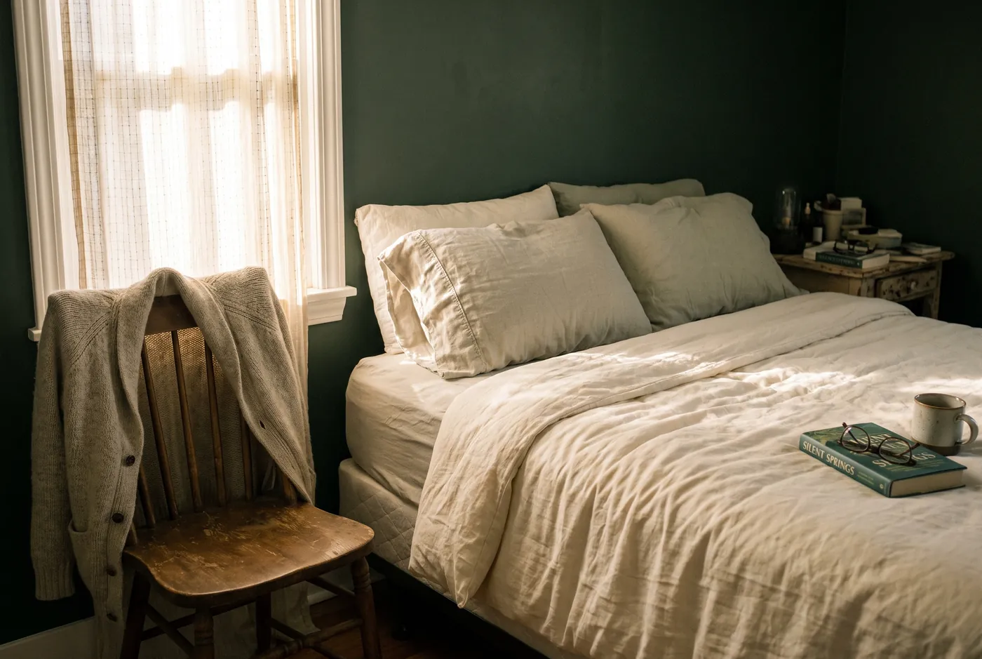 A neatly made bed by a sunny window with a cardigan folded over a chair and a book on the nightstand.